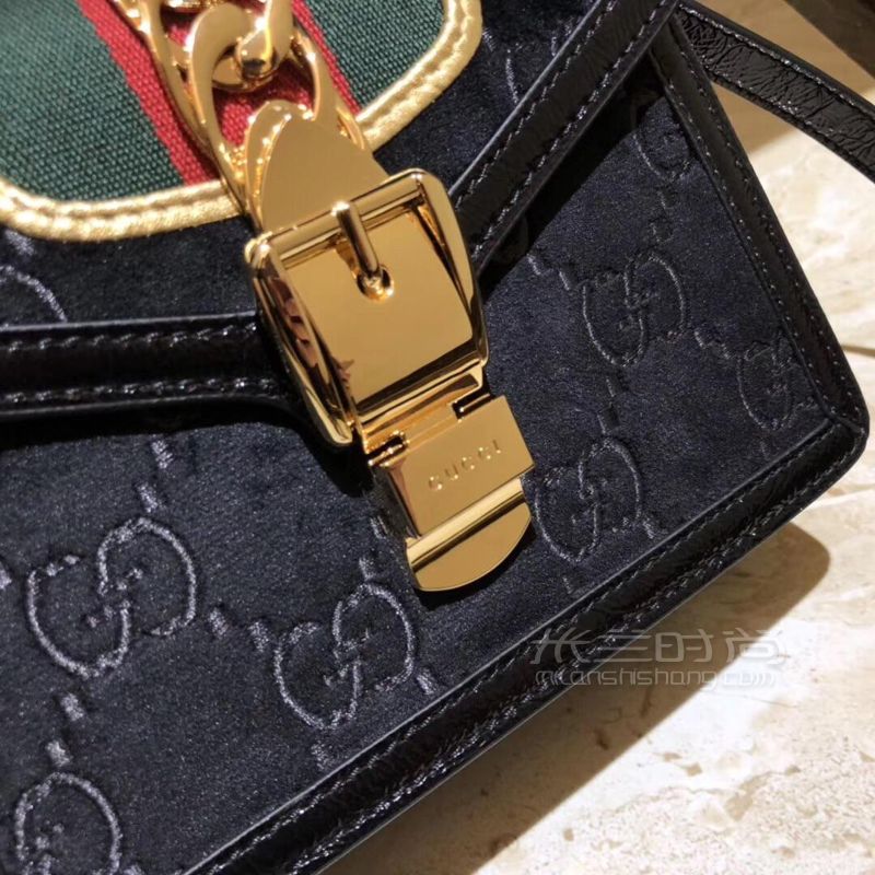 Gucci古奇Sylvie系列GG丝绒手提包单肩斜挎包黑色470270_米兰时尚包包网