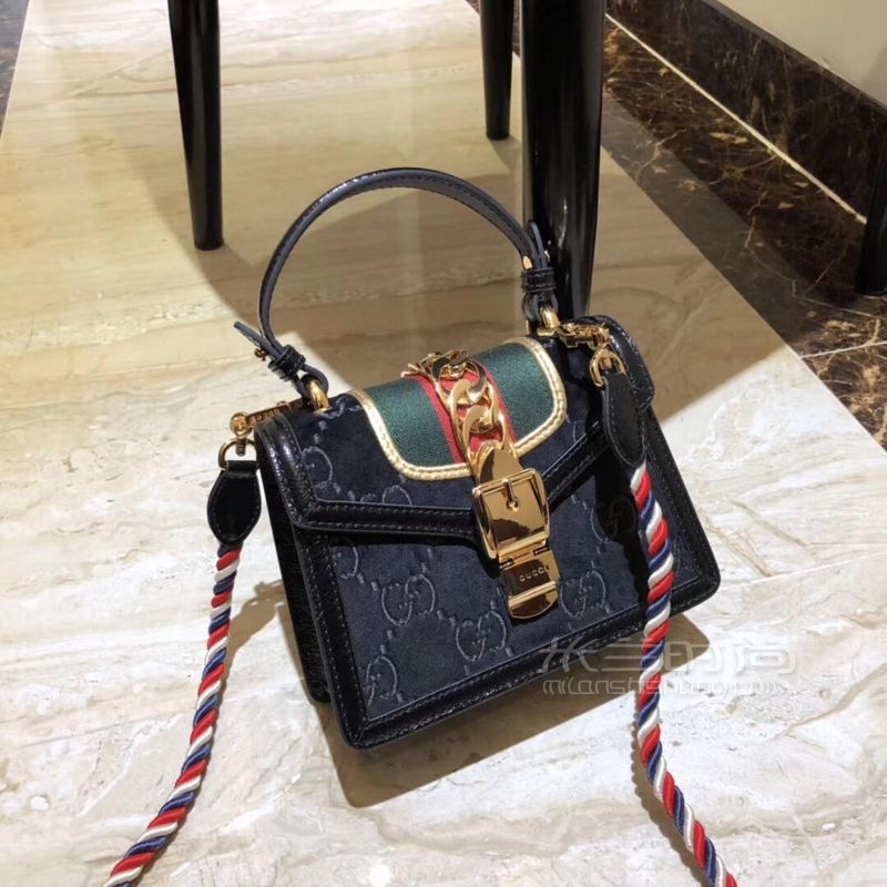 Gucci古奇Sylvie系列GG丝绒手提包单肩斜挎包黑色470270_米兰时尚包包网