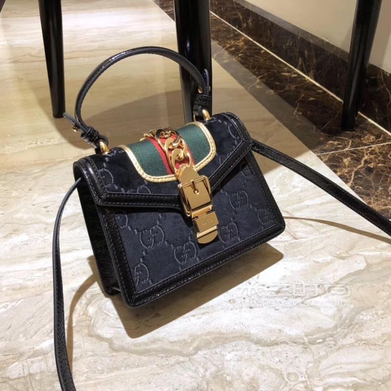 Gucci古奇Sylvie系列GG丝绒手提包单肩斜挎包黑色470270_米兰时尚包包网