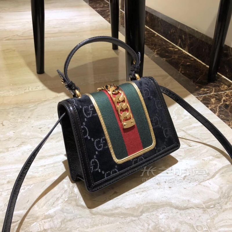 Gucci古奇Sylvie系列GG丝绒手提包单肩斜挎包黑色470270_米兰时尚包包网