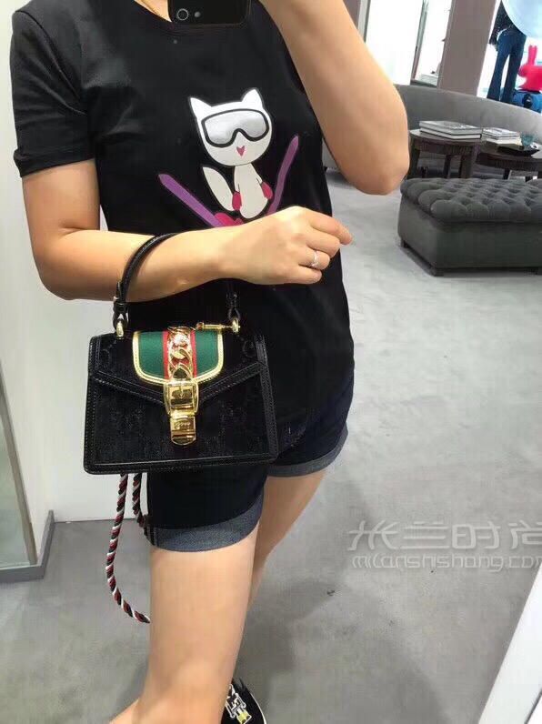 Gucci古奇Sylvie系列GG丝绒手提包单肩斜挎包黑色470270_米兰时尚包包网