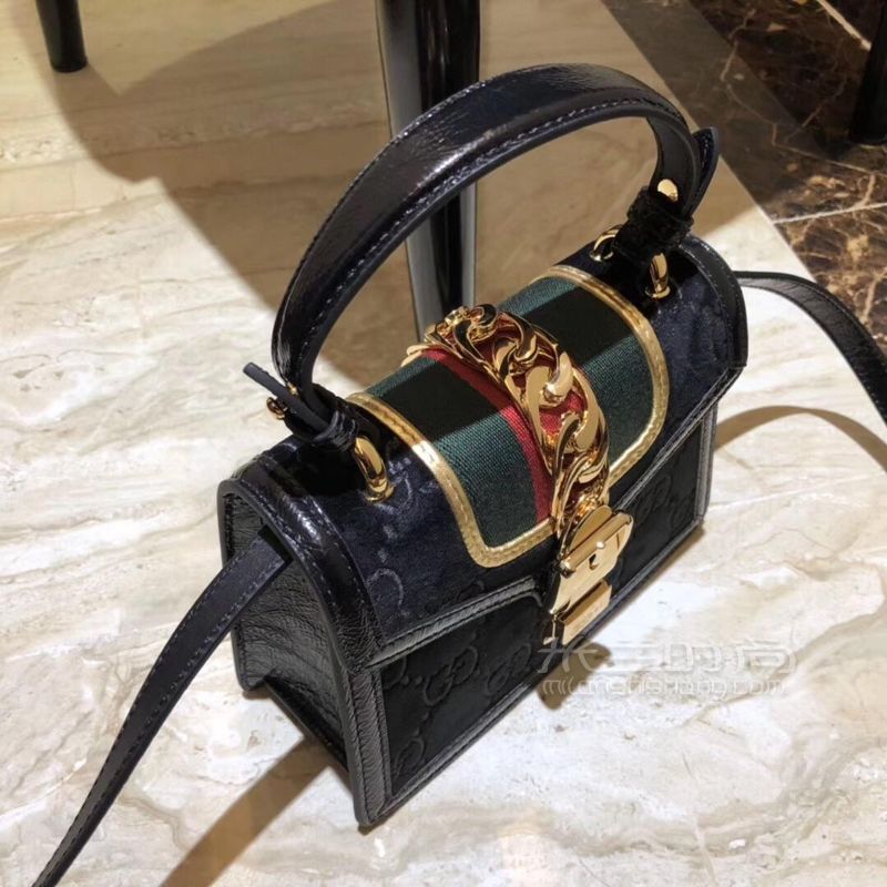 Gucci古奇Sylvie系列GG丝绒手提包单肩斜挎包黑色470270_米兰时尚包包网