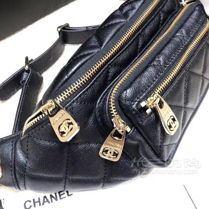 【正品实拍】chanel香奈儿珠光牛皮mini腰包荧光黑色胸包 彩虹色肩包