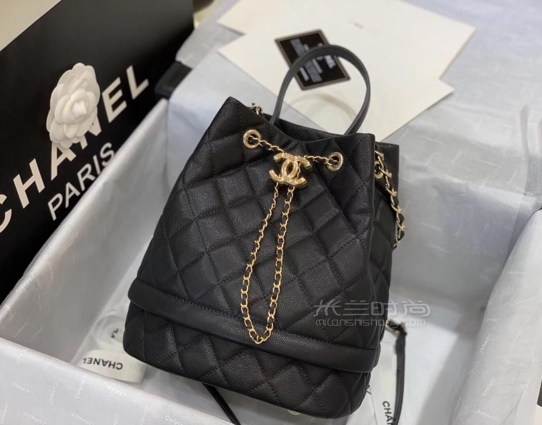 chanel香奈儿2019新款菱格小号水桶包 抽绳链条包手提单肩女包黑