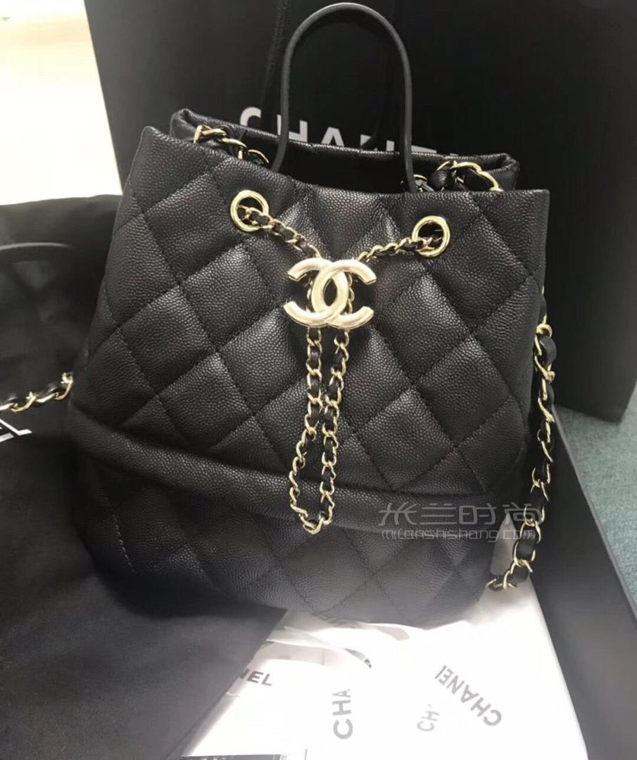 chanel香奈儿2019新款菱格小号水桶包 抽绳链条包手提单肩女包黑