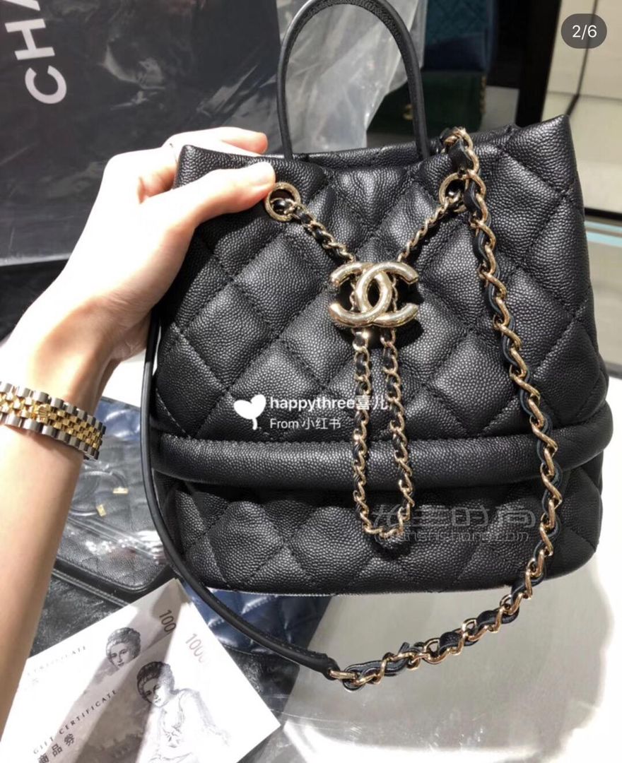 chanel香奈儿2019新款菱格小号水桶包 抽绳链条包手提单肩女包黑