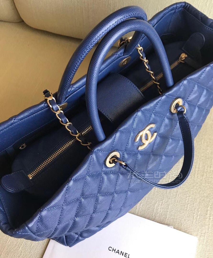 chanel香奈儿购物包金扣双c菱格购物袋蓝色牛皮鱼子酱小号大号手提单