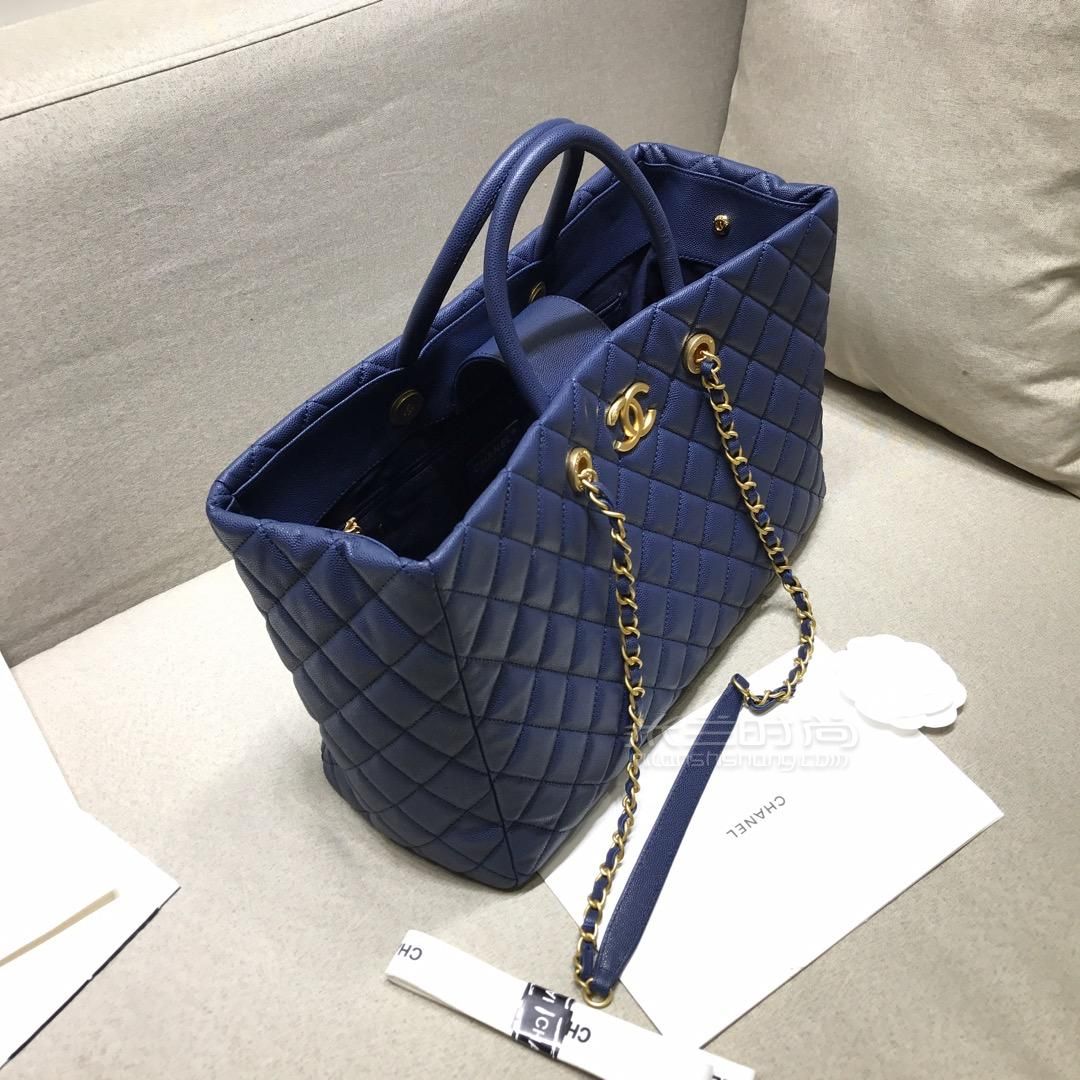 chanel香奈儿购物包金扣双c菱格购物袋蓝色牛皮鱼子酱小号大号手提单