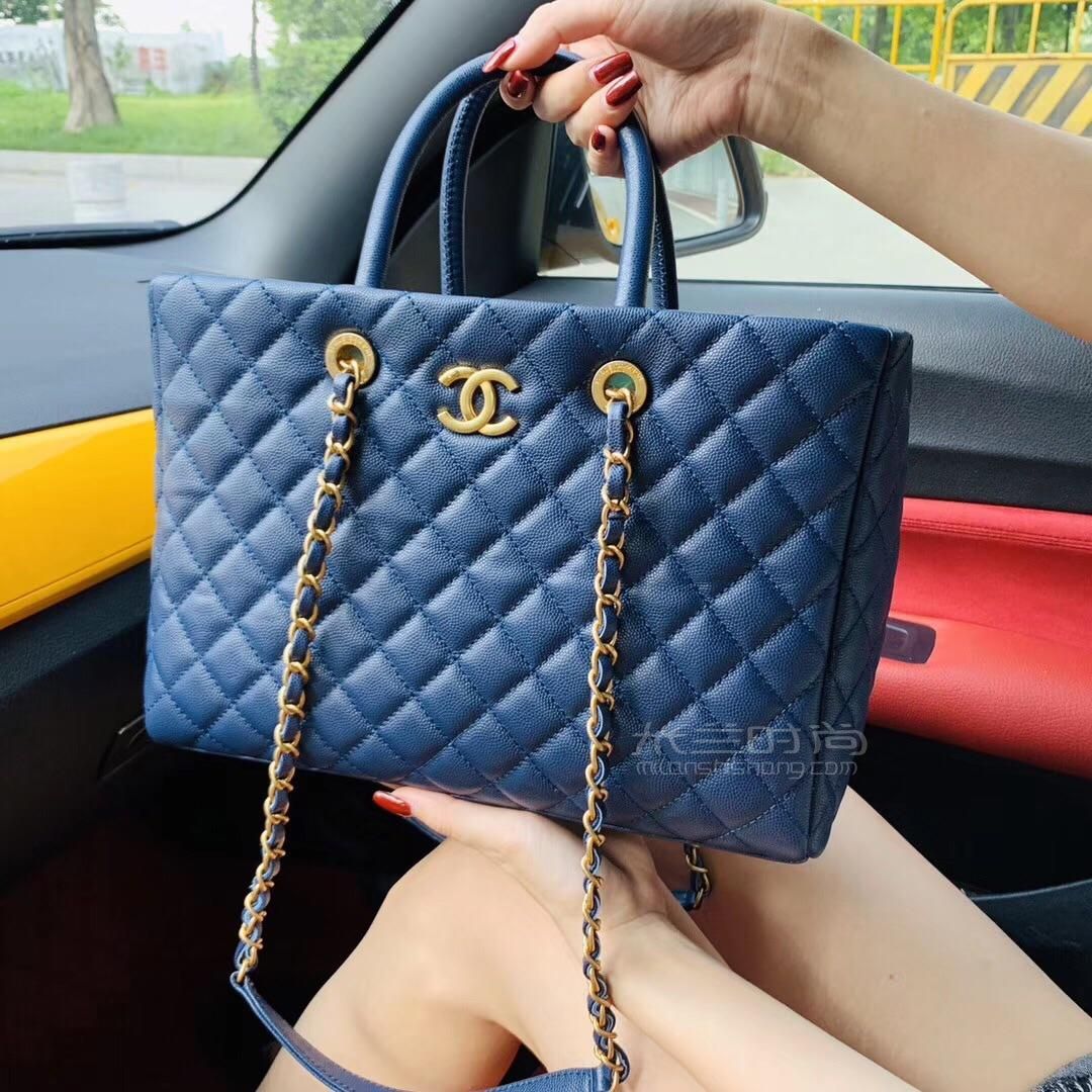 chanel香奈儿购物包金扣双c菱格购物袋蓝色牛皮鱼子酱小号大号手提单