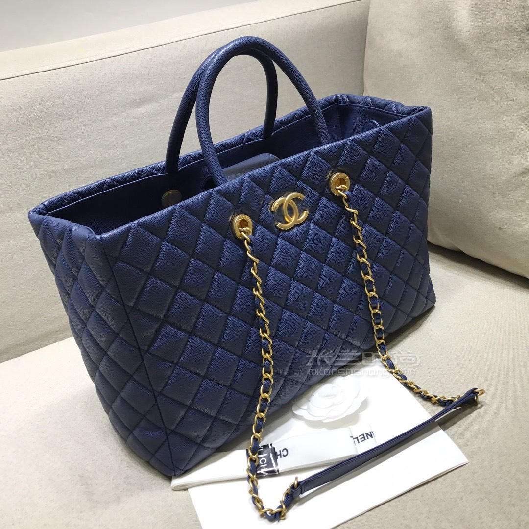 chanel香奈儿购物包金扣双c菱格购物袋蓝色牛皮鱼子酱小号大号手提单
