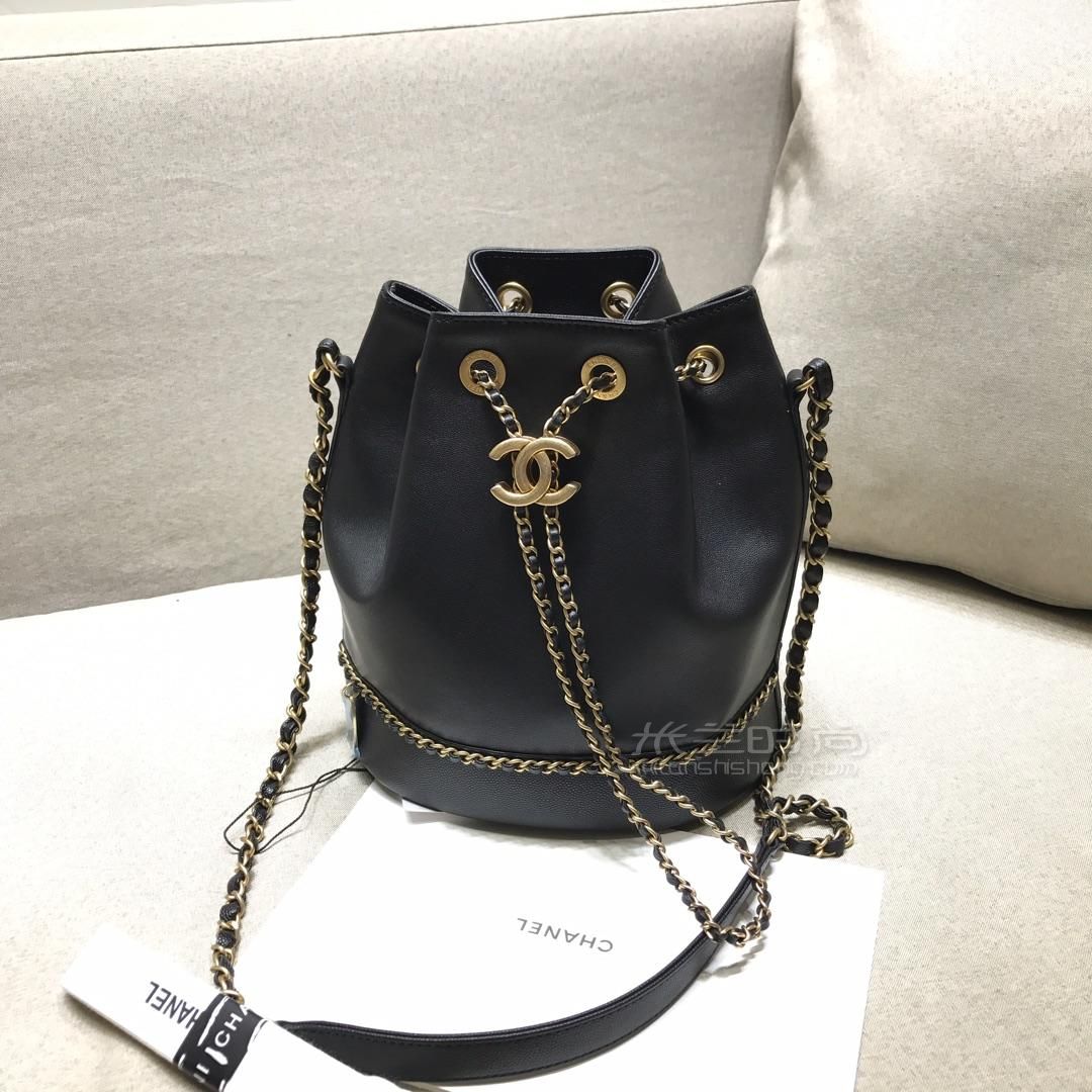 chanel香奈儿2019新款抽绳水桶包全黑色单肩斜挎链条女包