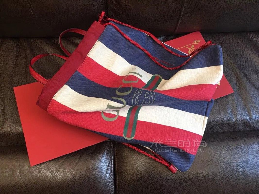 gucci古驰红白蓝条纹亚麻拼皮购物袋抽绳手提双肩包473872