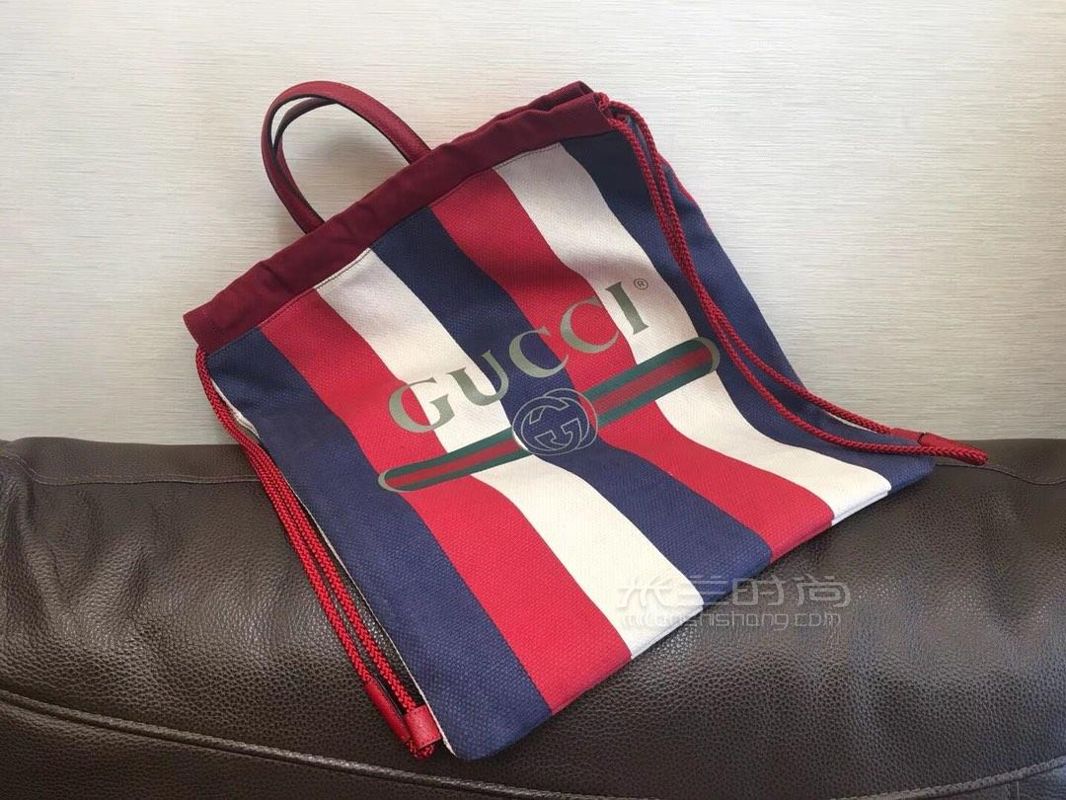 古驰红白蓝条纹亚麻拼皮购物袋,抽绳手提双肩包473872_米兰时尚包包网