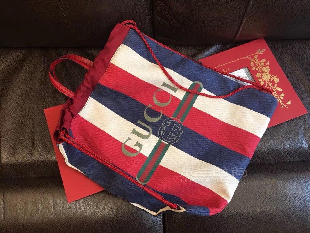 gucci古驰红白蓝条纹亚麻拼皮购物袋抽绳手提双肩包473872
