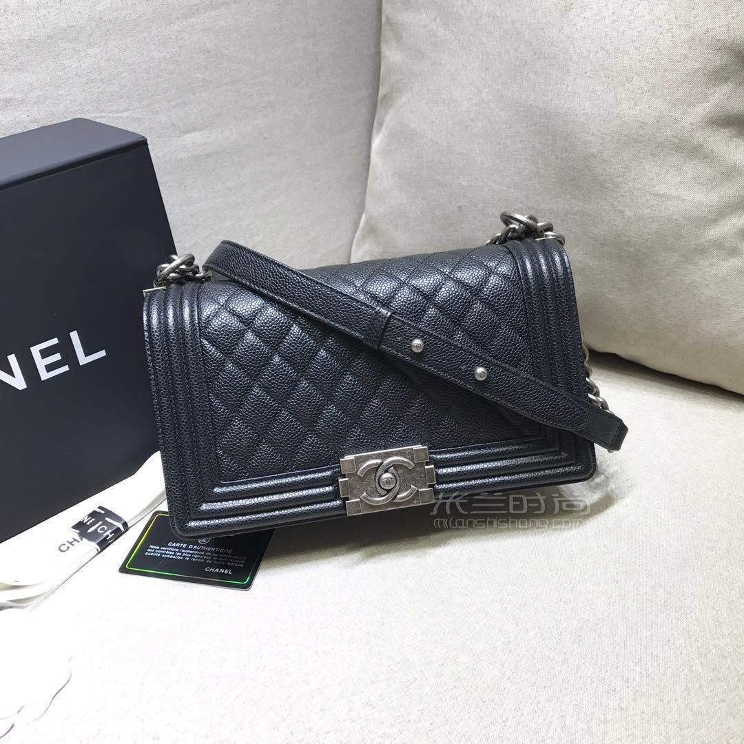 香奈儿chanel leboy25复古包 黑色鱼子酱荔枝纹牛皮金色银色五金单肩