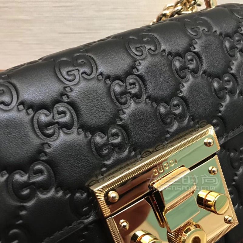 gucci古奇padlock经典锁扣包双g压花纯皮单肩斜挎链条包黑色409487