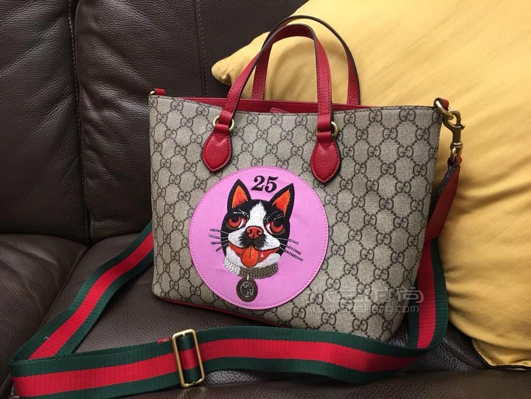 gucci古奇 印纹刺绣28小狗包单肩手提女包473887pvc中号女士购物袋