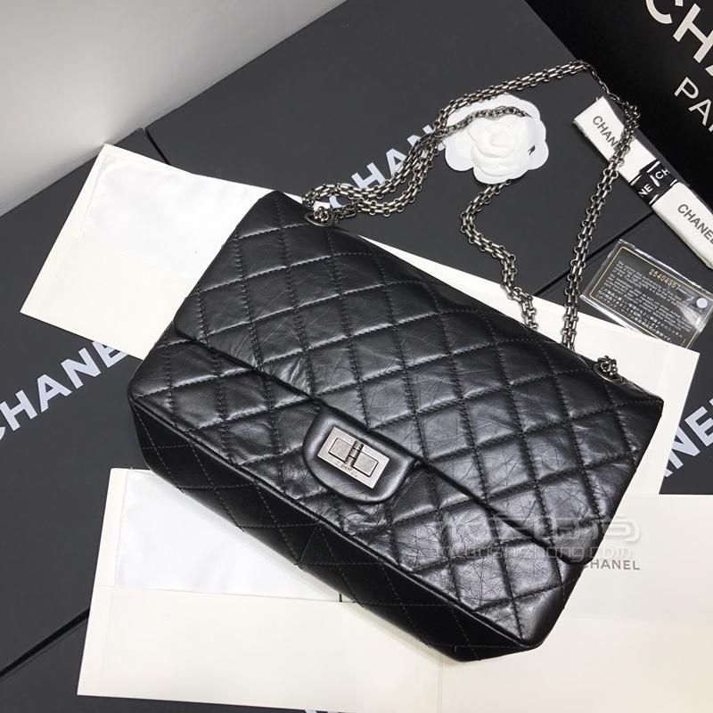 香奈儿chanel2.55复古口盖包 油蜡牛皮经典链条包黑色复古银五金