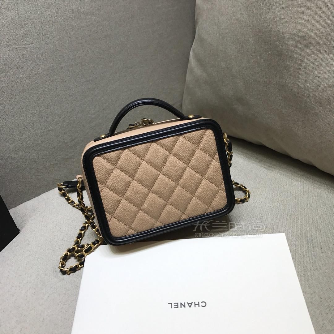 chanel香奈儿相机包菱格纹双c化妆包奶茶色拼黑色荔枝纹方包单肩手提