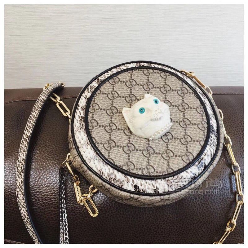 Gucci古奇猫头圆饼包帆布配蛇皮单肩链条小圆包4993 米兰时尚包包网