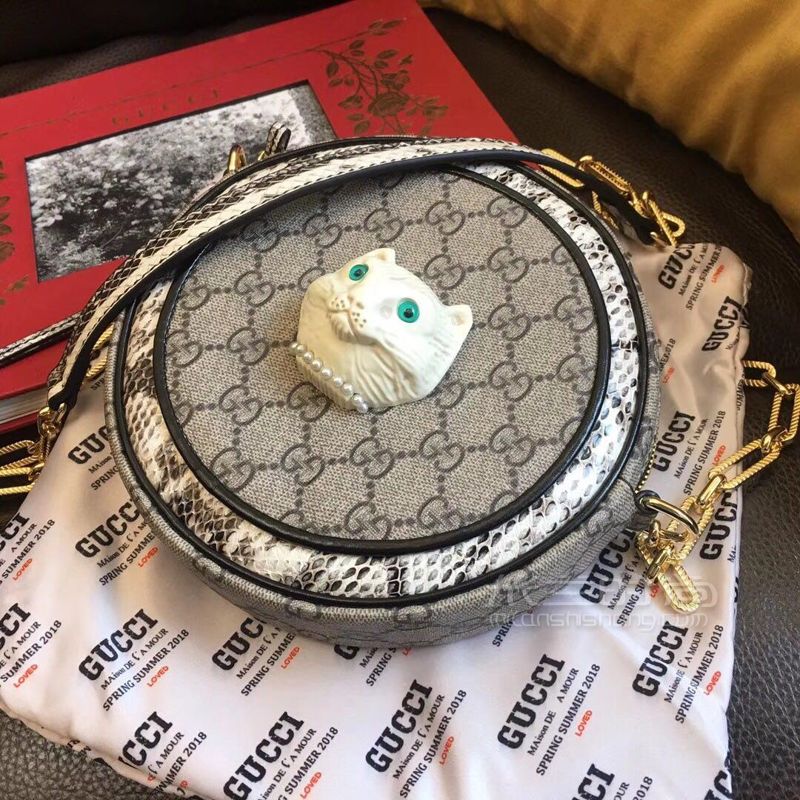 gucci古奇猫头圆饼包帆布配蛇皮单肩链条小圆包 499823_奢侈品包包