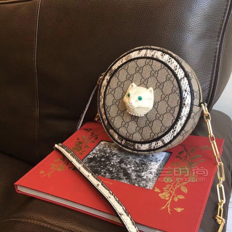 Gucci古奇猫头圆饼包帆布配蛇皮单肩链条小圆包4993 米兰时尚包包网