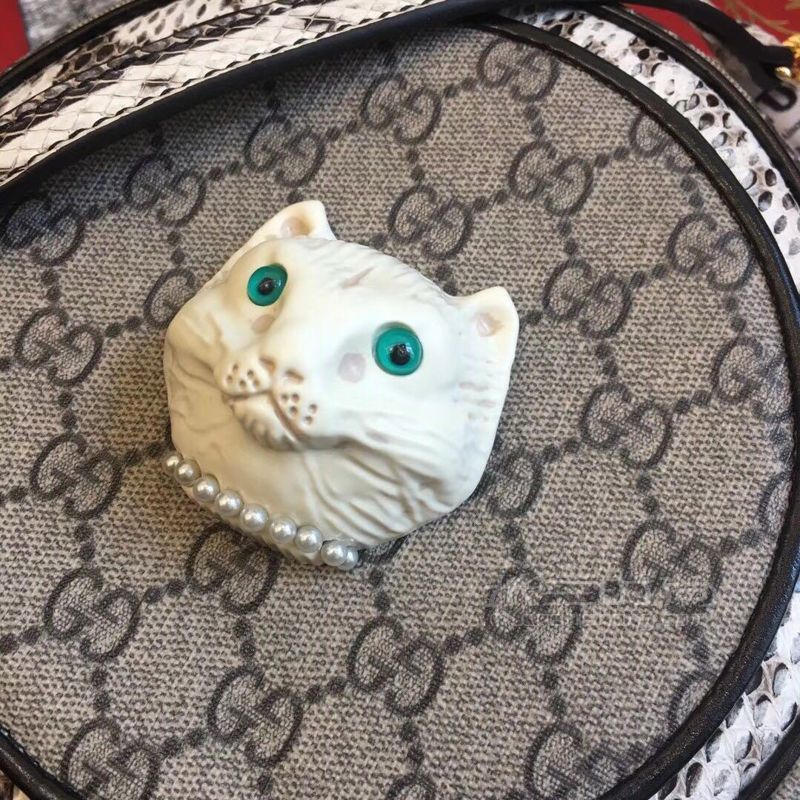 gucci古奇猫头圆饼包帆布配蛇皮单肩链条小圆包 499823_奢侈品包包
