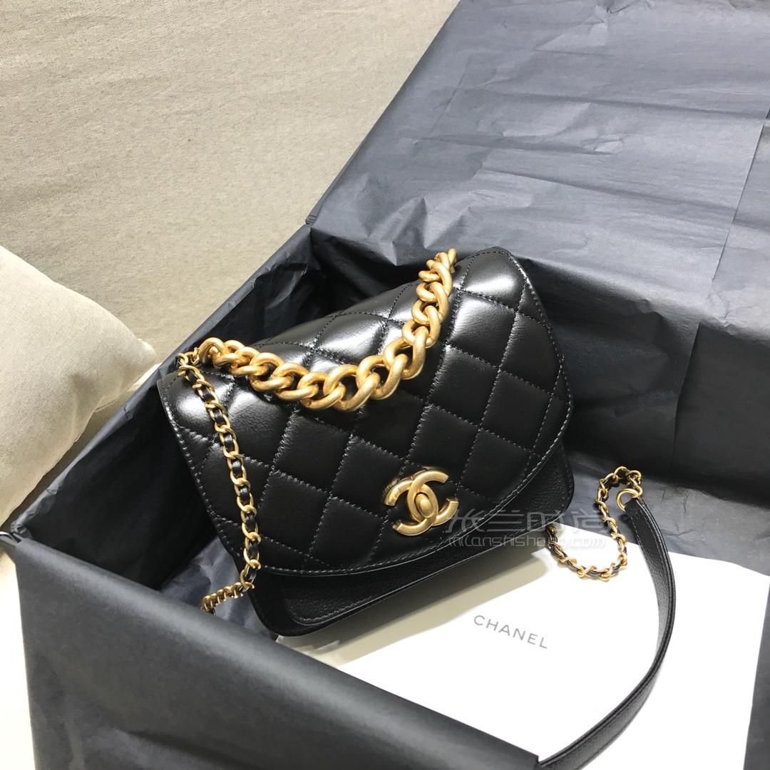 chanel香奈儿 19早秋粗链条细链条肩带邮差包黑色小牛皮女包