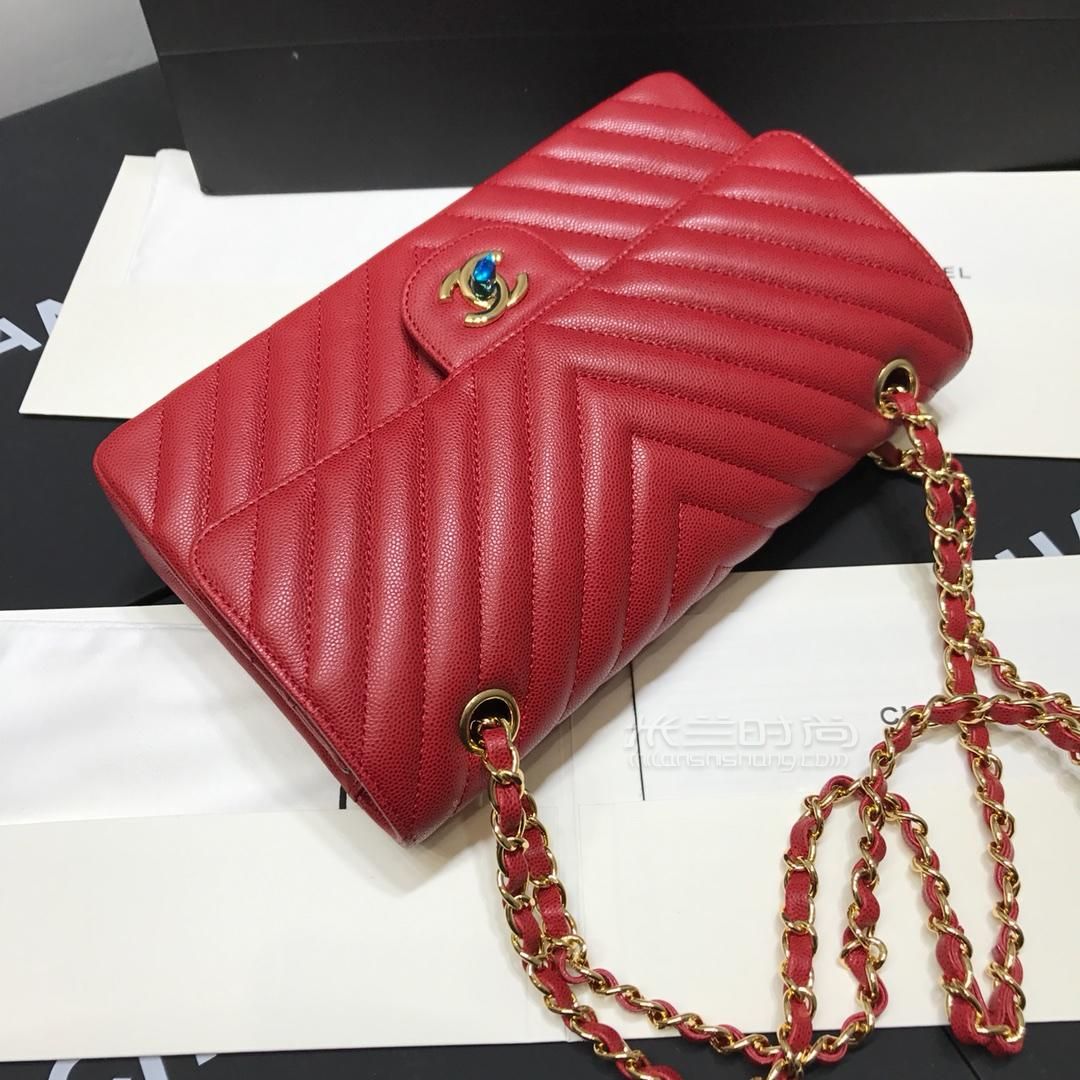 chanel香奈儿2019新款cf中号链条包v格纹红色牛皮鱼子酱翻盖包细颗粒