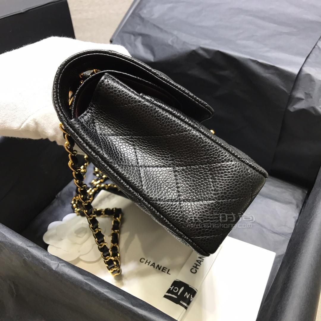 chanel香奈儿cf链条包中号25cm 原版黑色荔枝牛皮鱼子酱复古包 女