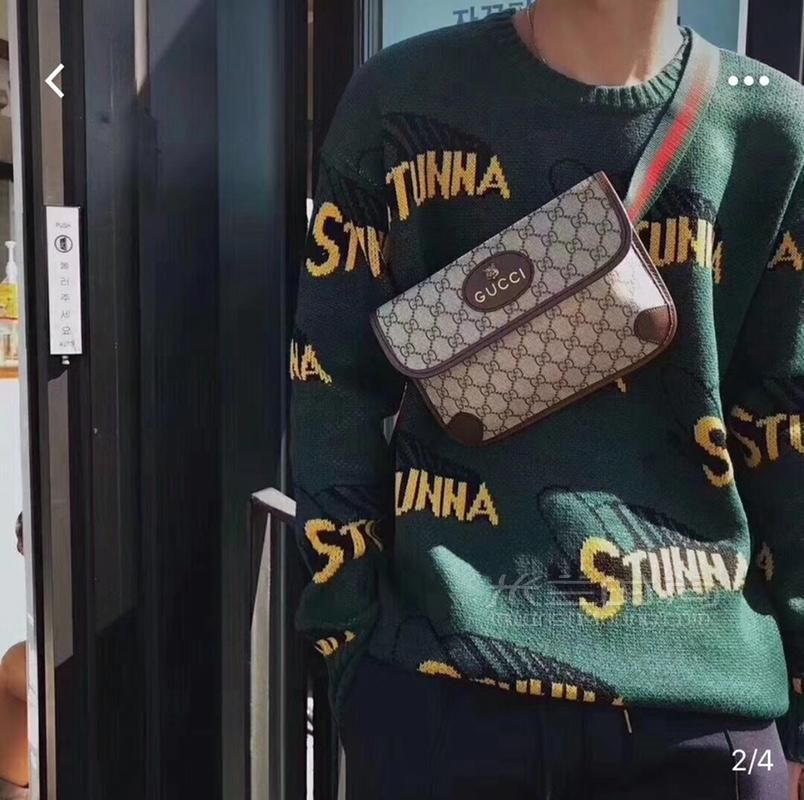 Gucci古奇19女士虎头时尚潮流帆布盖头胸包彩色编织肩带腰包24厘米 米兰时尚包包网