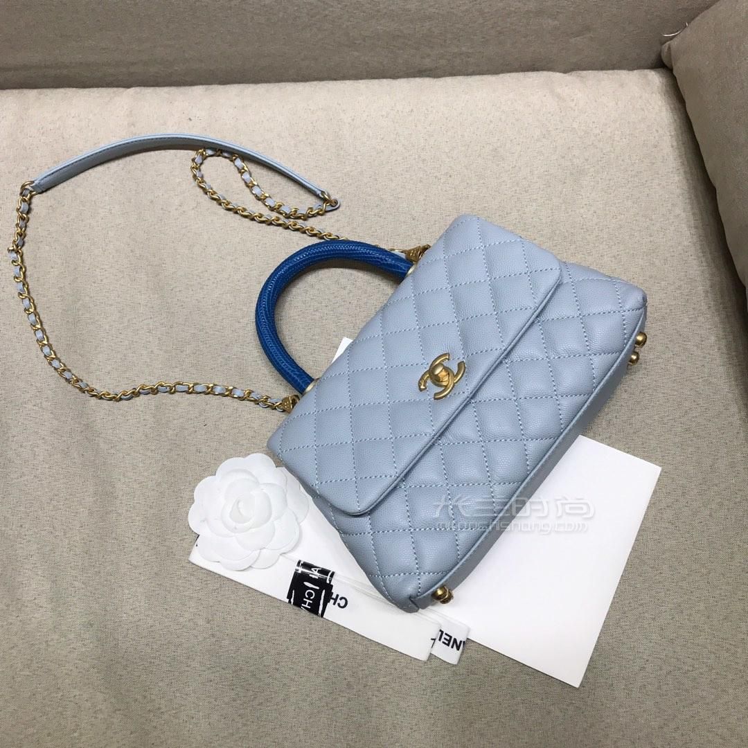 chanel香奈儿cocohandle2328mini小号中号女士手提包浅蓝色细颗粒牛皮