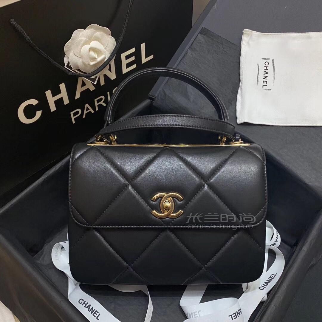chanel香奈儿包包2019新款羊皮链条风琴口盖包黑色大菱格单肩斜