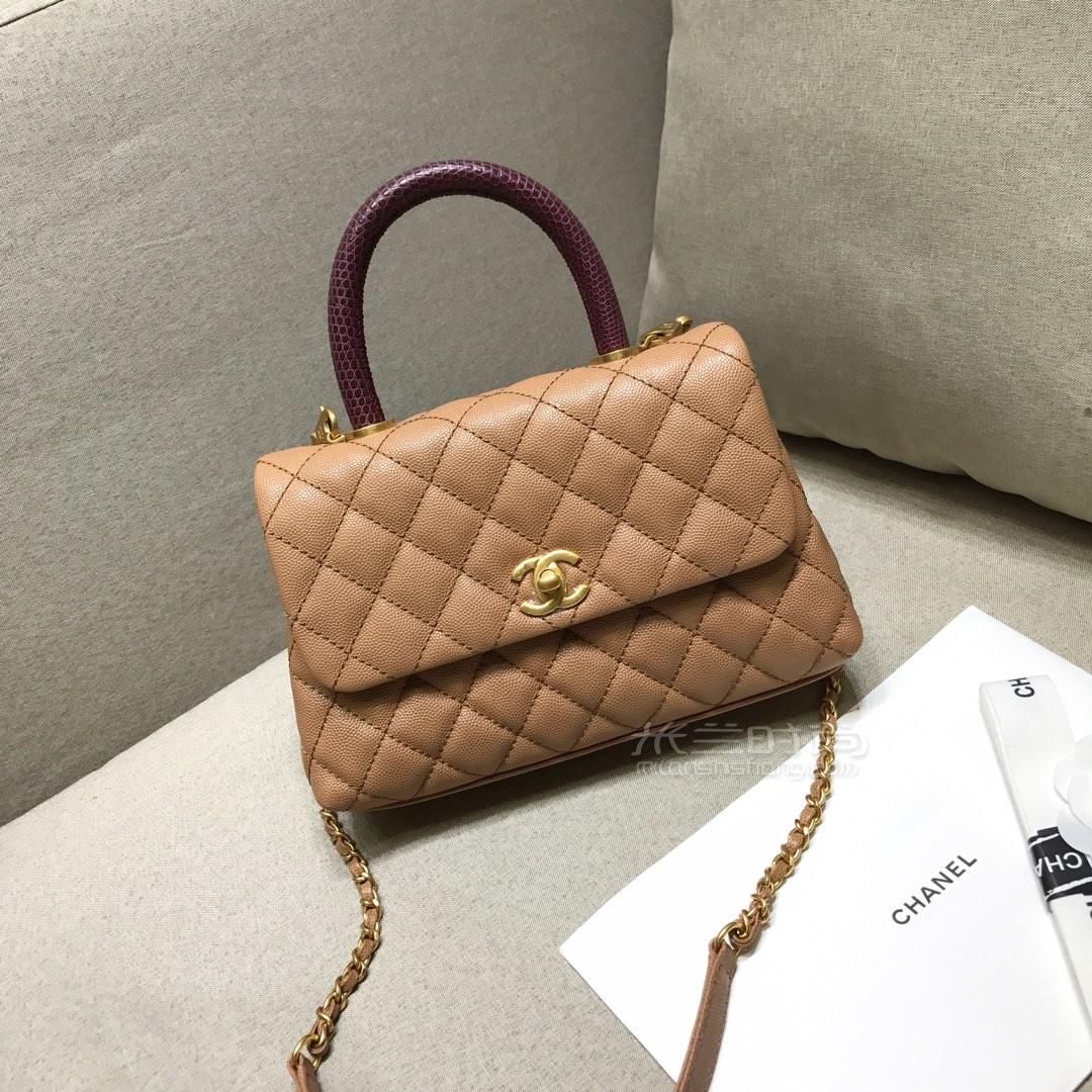 chanel香奈儿coco handle23mini28中号手提包 蜥蜴皮手柄焦糖色鱼子酱