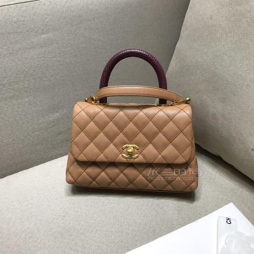 chanel香奈儿cocohandle23mini28中号手提包蜥蜴皮手柄焦糖色鱼子酱