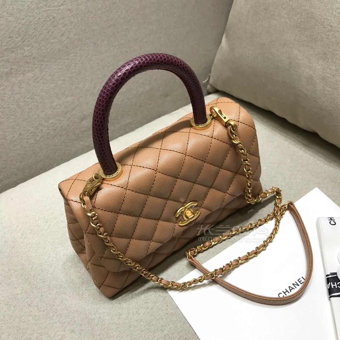 chanel香奈儿cocohandle23mini28中号手提包蜥蜴皮手柄焦糖色鱼子酱