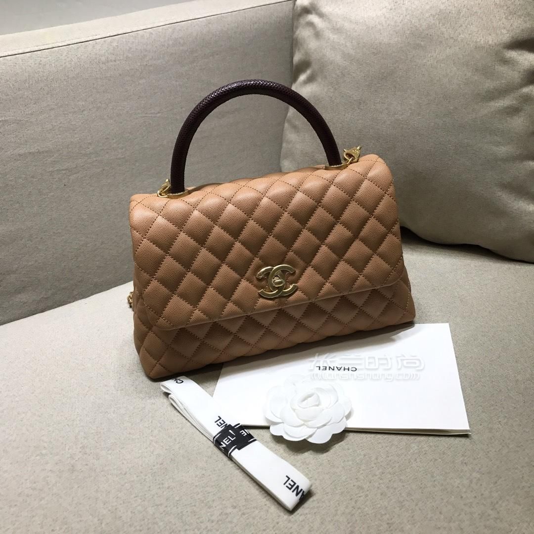 chanel香奈儿cocohandle23mini28中号手提包蜥蜴皮手柄焦糖色鱼子酱
