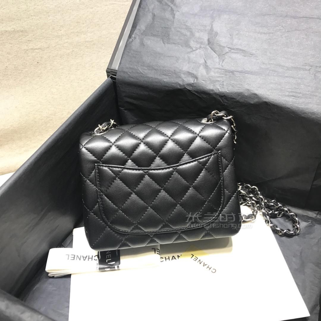 chanel香奈儿cf mini方胖子黑银羊皮链条包尺寸17cm 金扣菱格方形斜跨
