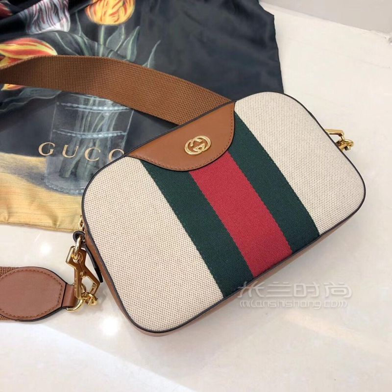 Gucci古奇新款红绿织带帆布拼皮相机包女士单肩斜挎包女包575073 米兰时尚包包网