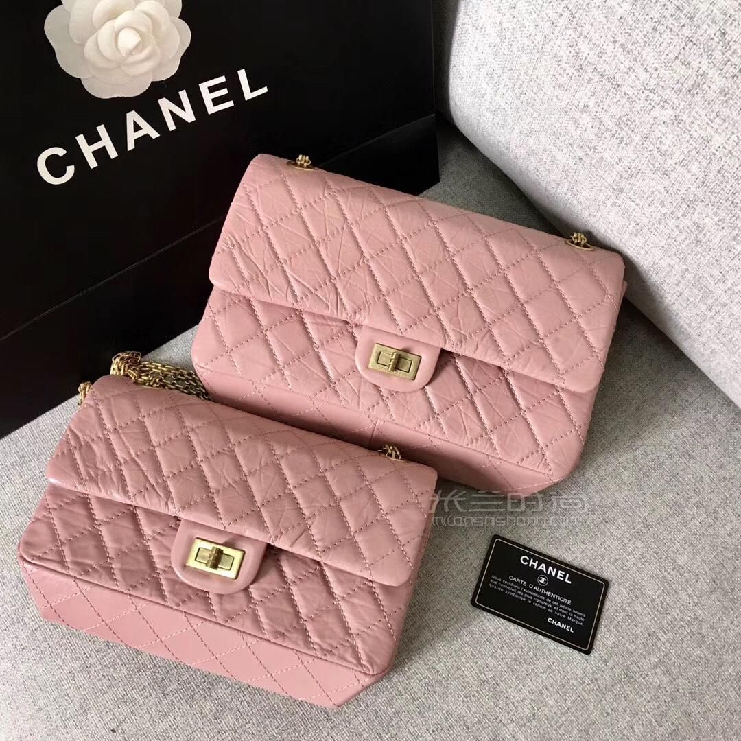 香奈儿chanel255经典款复古单肩斜跨包油蜡牛皮粉色链条包金色五金