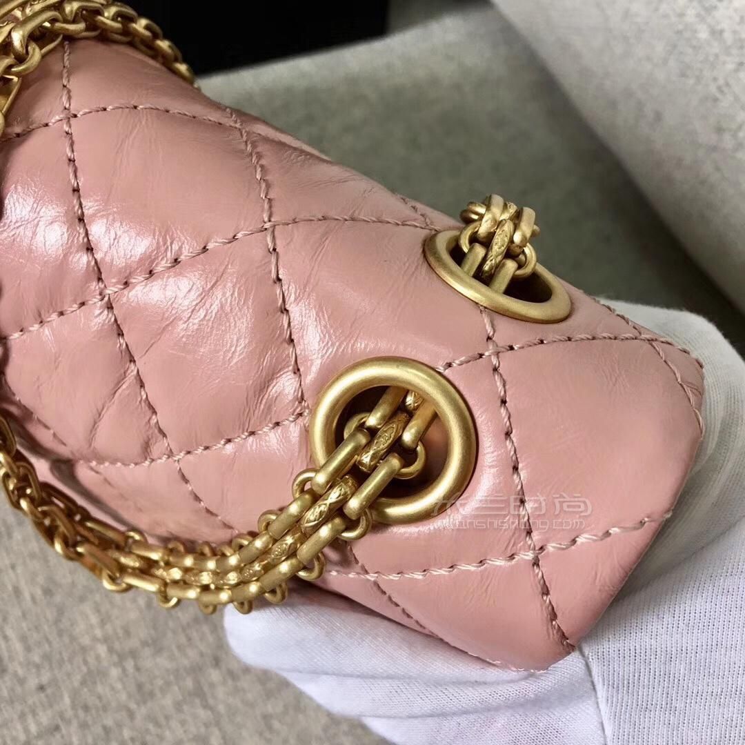 香奈儿chanel255经典款复古单肩斜跨包油蜡牛皮粉色链条包金色五金