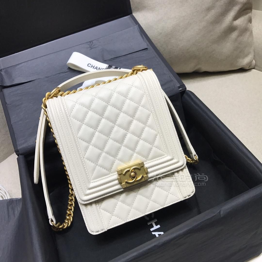 chanel2019春夏新款竖版boy链条包斜挎包白色竖款复古包