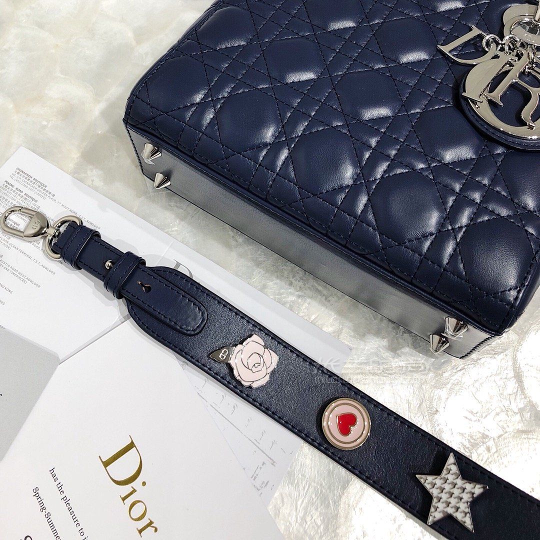 mylady徽章系列dior戴妃包迪奥宝蓝色徽章肩带羊皮手提斜跨包