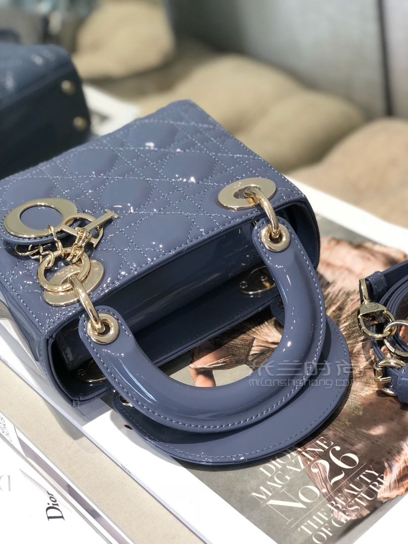 miniladyclassic系列戴妃包迪奥dior深蓝漆皮三格链条包17cm