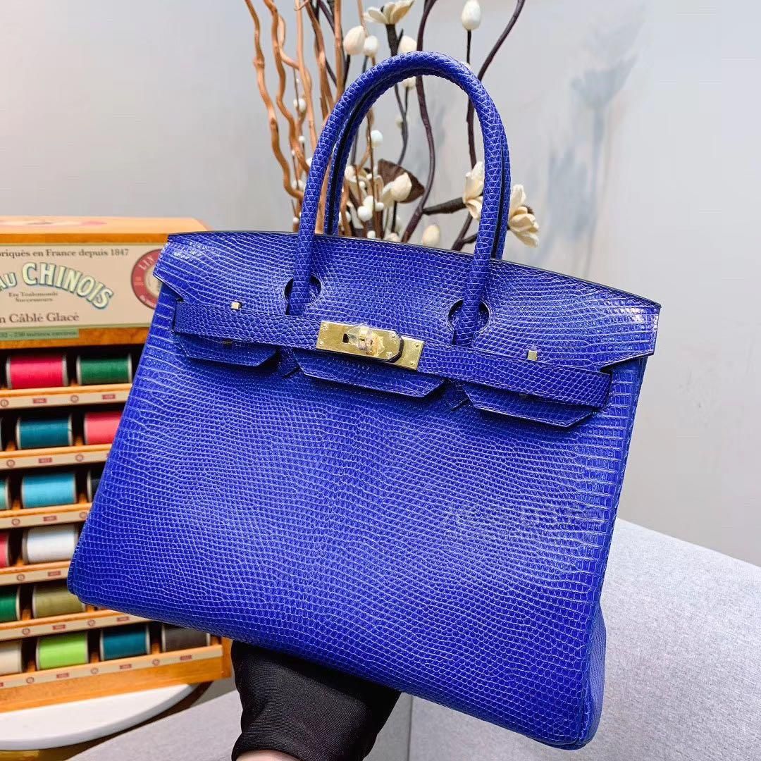 爱马仕铂金包hermes birkin 30cm i7琉璃蓝 金扣 lizard 东南亚原产