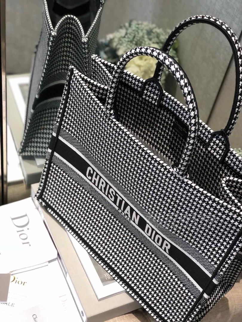 diorbooktote千鸟格托特包精雕细琢迪奥彩色提花帆布购物袋