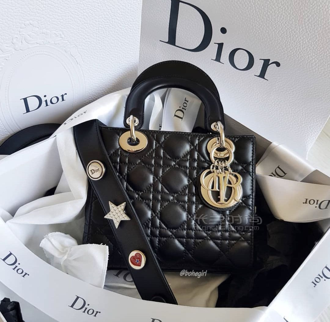 diormylady徽章系列戴妃包迪奥玫红色四格徽章肩带羊皮手提斜跨包