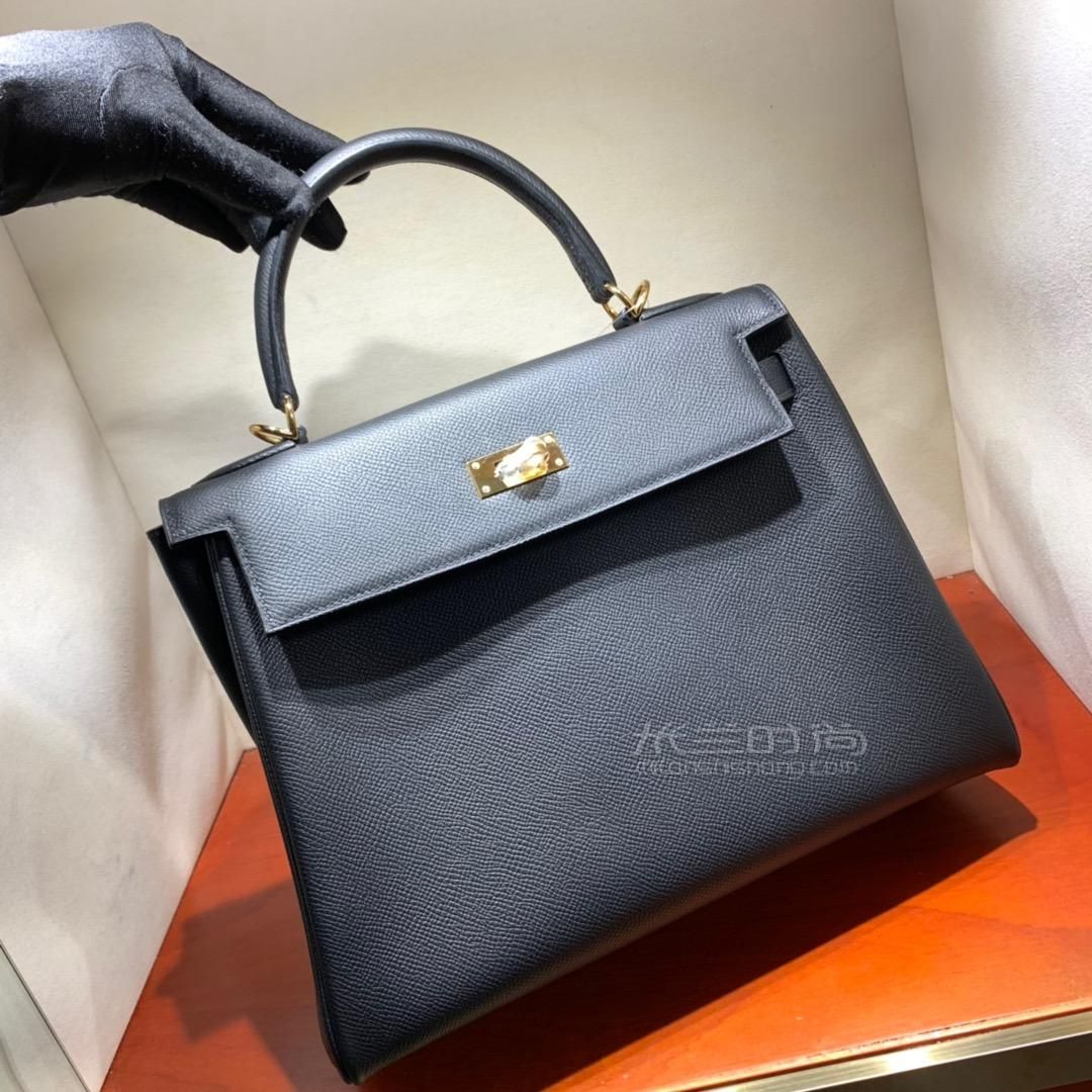 爱马仕凯莉包hermeskelly28cmepsom内缝89黑色金银扣蜜蜡线全手缝