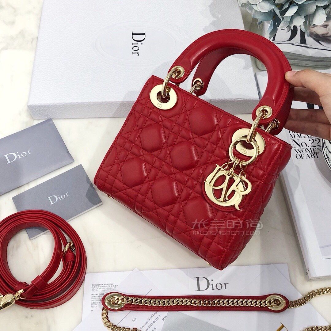 miniladydiorclassic系列迪奥红色羊皮戴妃包金扣银扣17cm三格
