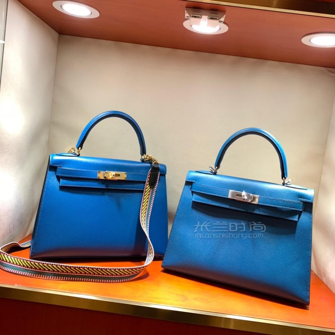 爱马仕凯莉包hermes kelly 28cm epsom 7l普鲁士蓝 金-银扣 蜜蜡线手